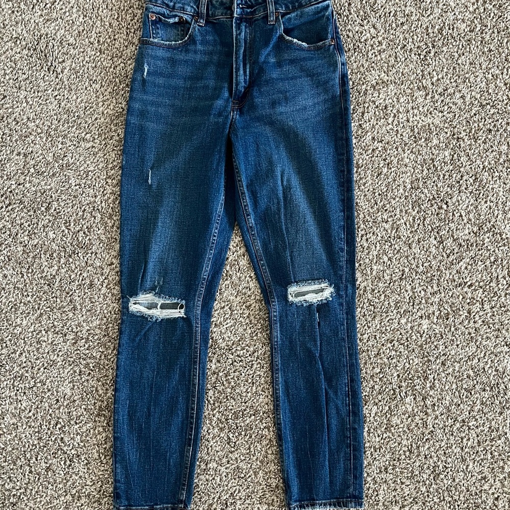 Abercrombie & Fitch Blue Ankle Cropped Jeans with Distressed Details